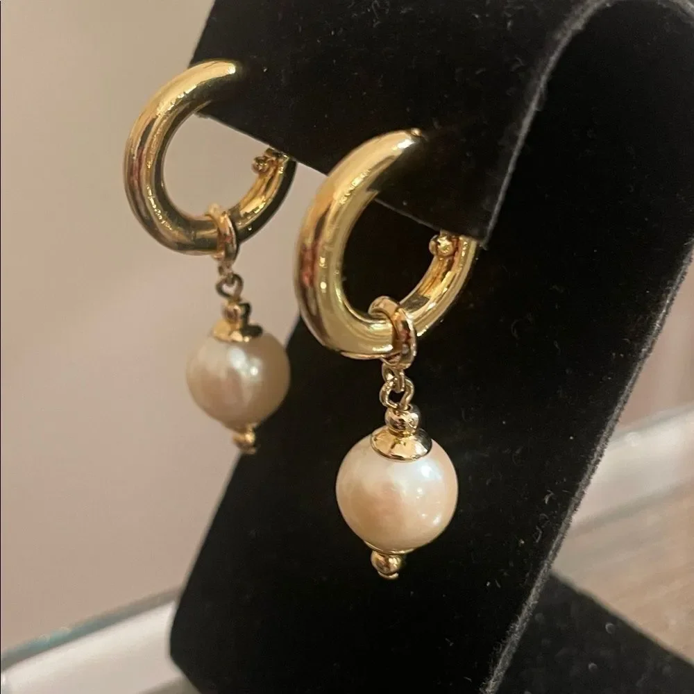 Vintage Gold-tone Hoops with Faux Pearl Charms- Drops - Picture 6 of 16